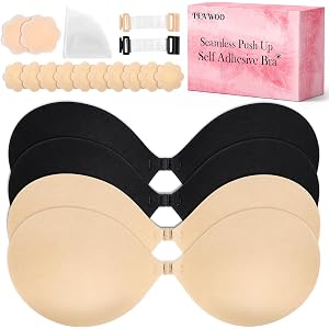 TEAWOO 4 Pairs Strapless Sticky Push Up Bra for Women,Black & Nude | Reusable Adhesive Nipple Covers for Backless Dresses, Pu