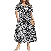 CARCOS Plus Size Dresses for Curvy Women V Neck Summer Maxi Dress Short Sleeve Floral Boho Dress Smocked Waist Beach Dress