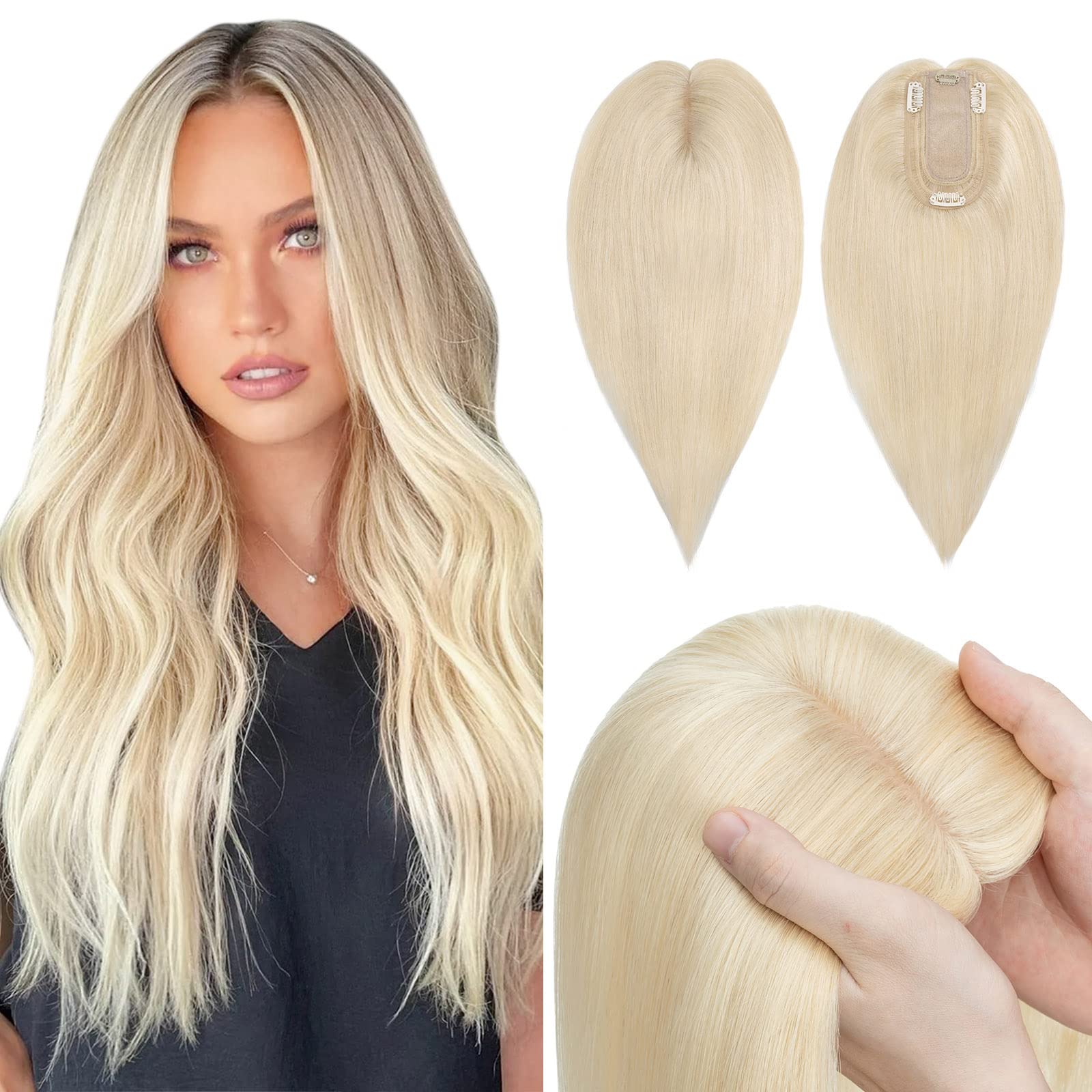 Photo 1 of Hairro 100% Real Human Hair Toppers for Women No Bang, Clip in Real Hairpieces, Breathable Silk Base for Covering Greyish Thinning Hair Loss on Top, 8 Inch Platinum Blonde
