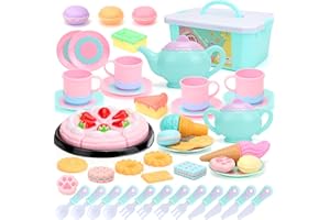 Tagitary Tea Party Set for Little Girls, 52 PCS Kids Pretend Play Toys with Dessert, Ice Cream, Donuts, Teapot, Cups and Carrying Case, Birthday Gift for Toddlers Girls Boys Age 3-6