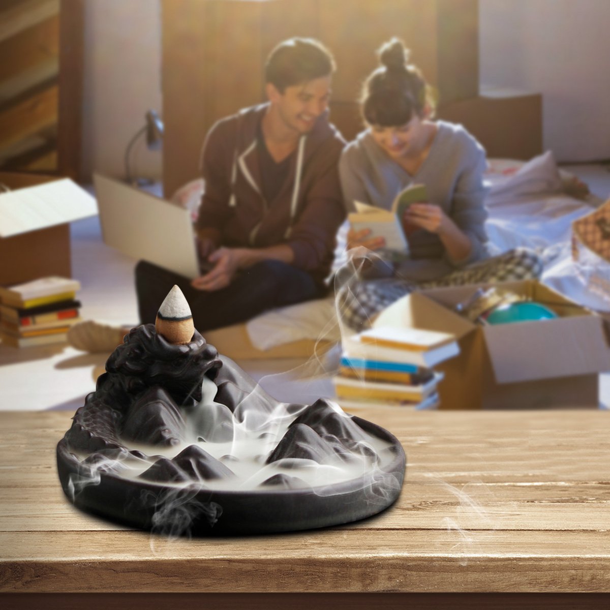 Jeteven Dragon Backflow Incense Burner with Cones Ceramic Dragon Incense Holder \'\'Dragon Mountain\'\' 12.2 x 5.2cm