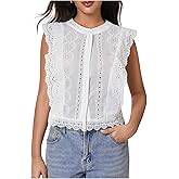 GORGLITTER Women's Cap Sleeve Ruffle Tops Button Down Eyelet Embroidered Business Casual Work Blouse Shirt White Large