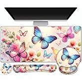 Gaming Mouse Pad, Large Desk Mat, Cute Desk Pad Protector, 4in1 XXL Mousepad + Keyboard Wrist Rest+Mouse Wrist Rest+Coaster Set with Ergonomic Desk Pad for Home Office PC Computer, Butterflies Flowers