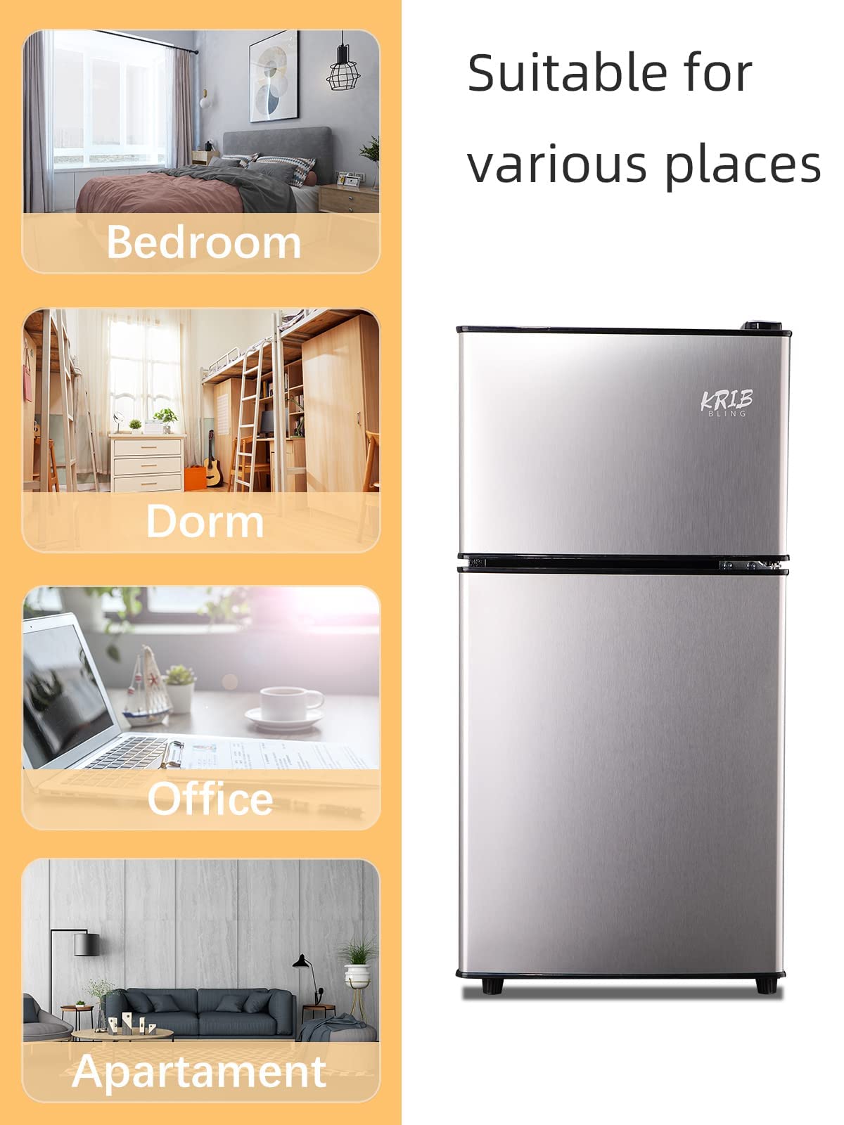 KRIB BLING Mini Fridge With Freezer,Compact Refrigerator With 2 Doors,7- Level Adjustable Thermostat, Removable Glass Shelves For Bedroom, Office, Kitchen, Apartment, Dorm, 3.5 Cu. Ft Silver
