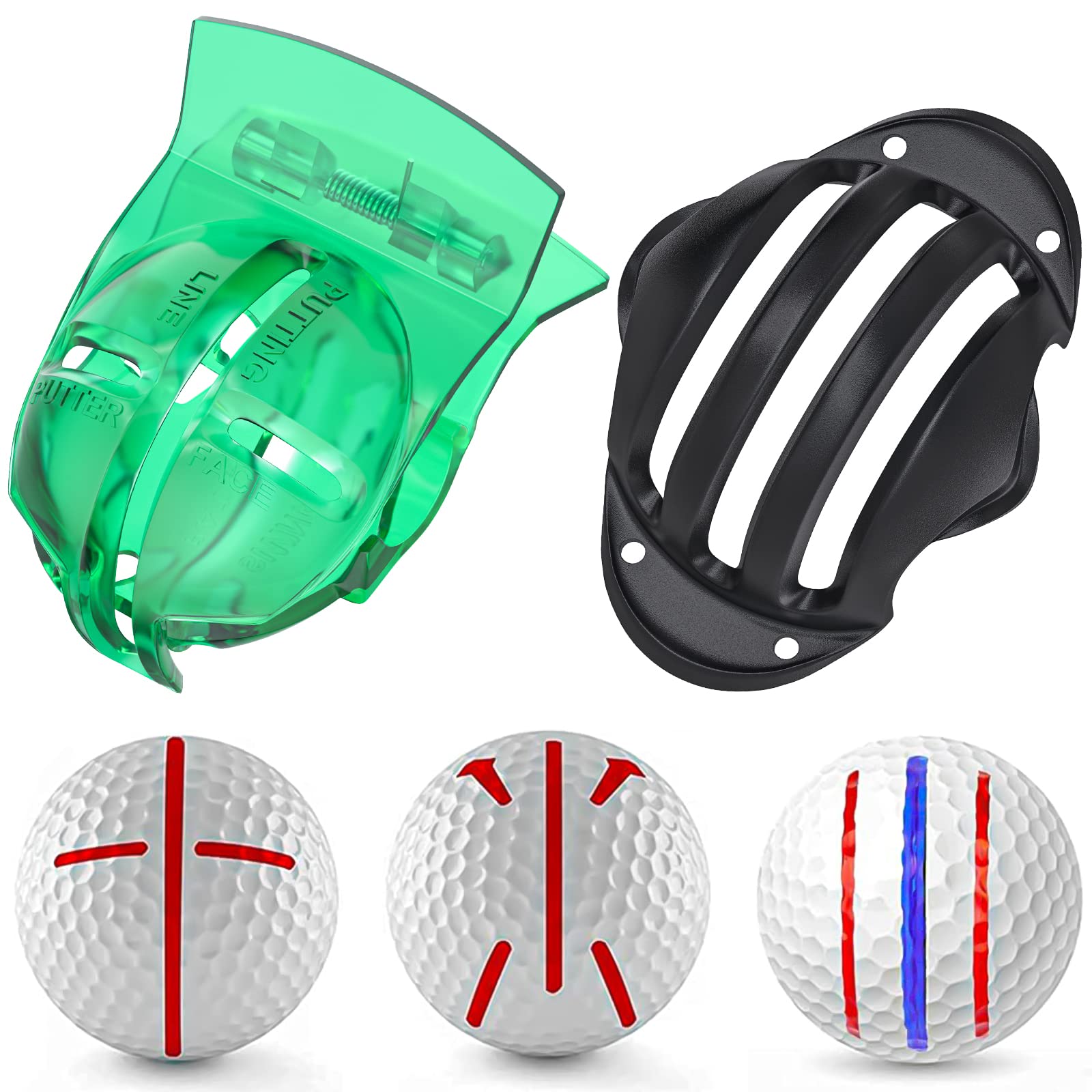 Uniclife 2 PCS Golf Ball Liner Template for Putt Linear Alignment Kit with Spring Clamp and Tri-line Stencils Golf Line with Cross Arrow and Tri-line Patterns — image 1