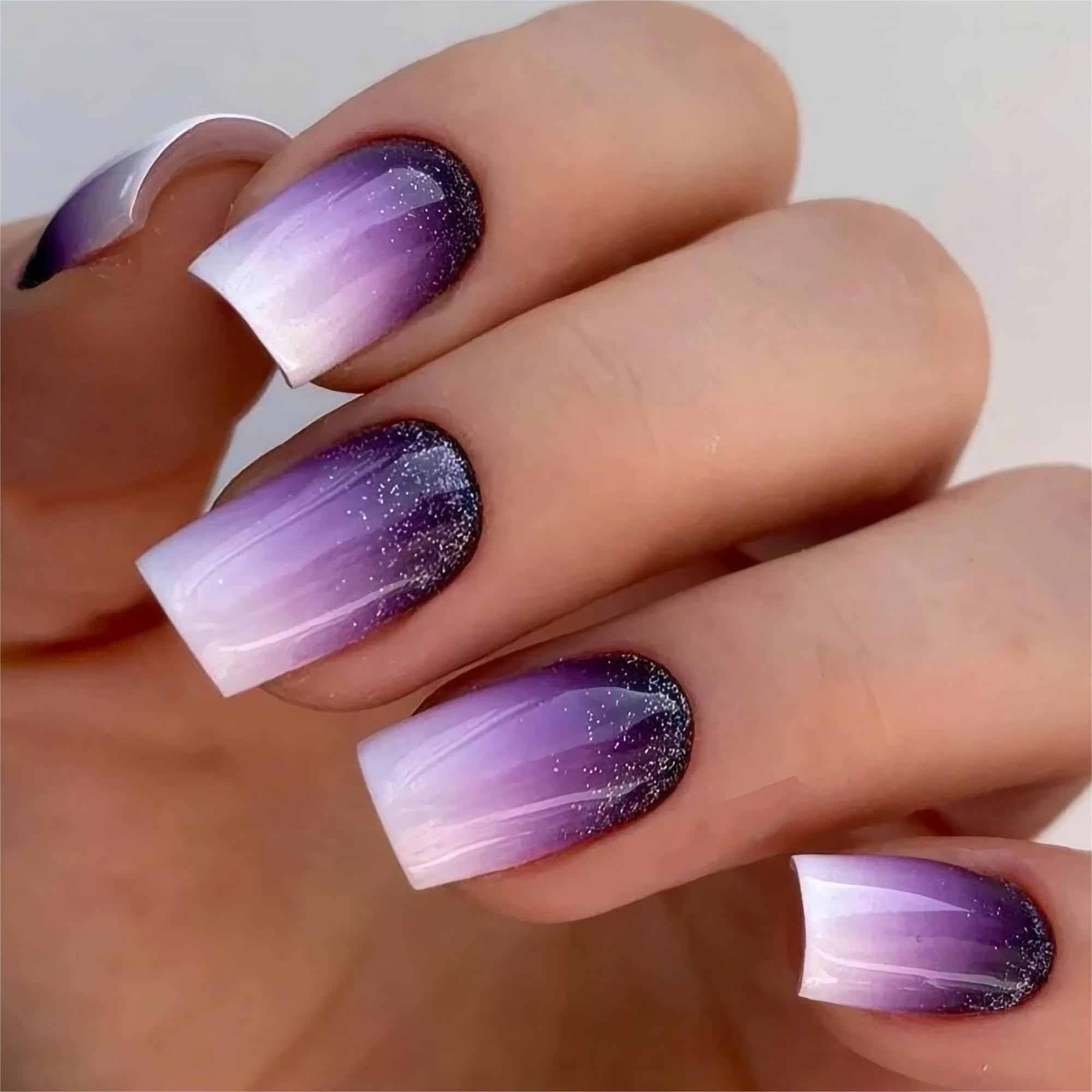 Square Press on Nails Short Fake Nails Purple French Tip False Nails Ombre Glue on Nails with Glitter Designs Nails Press ons Acrylic Nails Glossy Stick on Nails for Women and Girls 24Pcs