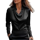CORIRESHA Women's Elegant Cowl Neck Satin Blouse Long Sleeve Office Work Shirt Silk Top