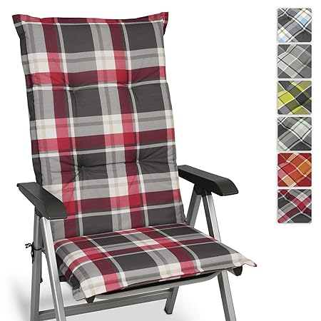 Beautissu Sunny RK Hochlehner Auflage für Gartenstuhl 120x50 cm in Rot Kariert - Bequemes Sitzkissen Polsterauflage UV-Lichte