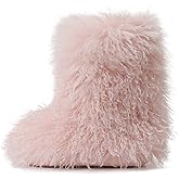 Kalstage Womens Faux Furry Boots Mid Calf Winter Platform Boots Cozy Mongolian Fur Slip-On Flat Snow Booties Warm Home Outdoor