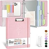 3 Ring Binder, 1 Inch Linen Binders Organizer for Letter Size (8.5" x 11") Paper with 5-Tabs Pockets Dividers, BVSSX Leather Three Ring Binders with Clipboard, Plastic Folder, Pen Loop - Pink Tulips