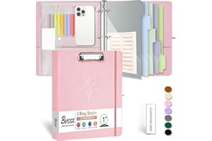 3 Ring Binder, 1 Inch Linen Binders Organizer for Letter Size (8.5" x 11") Paper with 5-Tabs Pockets Dividers, BVSSX Leather Three Ring Binders with Clipboard, Plastic Folder, Pen Loop - Pink Tulips