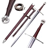 49"/41.5" Medieval Western King Arthur Sword with Leather Sheath Sharp Full Tang Real,High Carbon Steel Two-Handed Long Sword,Historical Collectible/Training/Medieval Decor