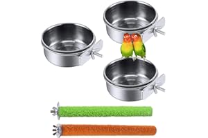 PINVNBY Stainless Steel Food Bowls for Birds,Bird Feeding Dish Cups Parrot Water Feeder Bowl with Clamp Holder Paw Grinding Perches for Budgies Parakeet Macaw Small Animal(5 Pack)