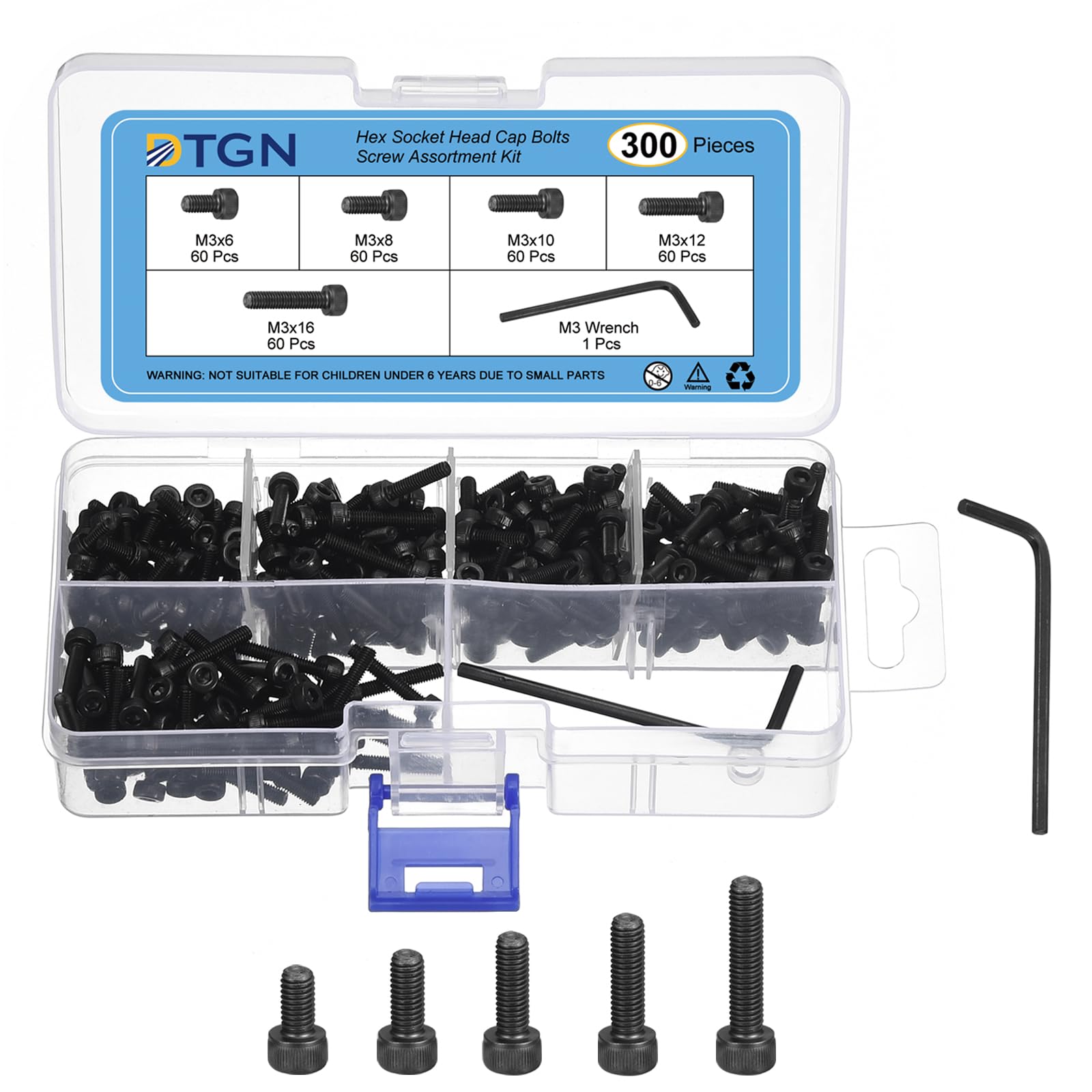 DTGN 300Pcs M3 Metric Screw Assortment, M3 Bolts Socket Head Screws, 12.9 Grade Steel M3x6/8/10/12/16mm Hex Socket Head Cap Screws Bolt Set With Wrench for 3D Printing DIY