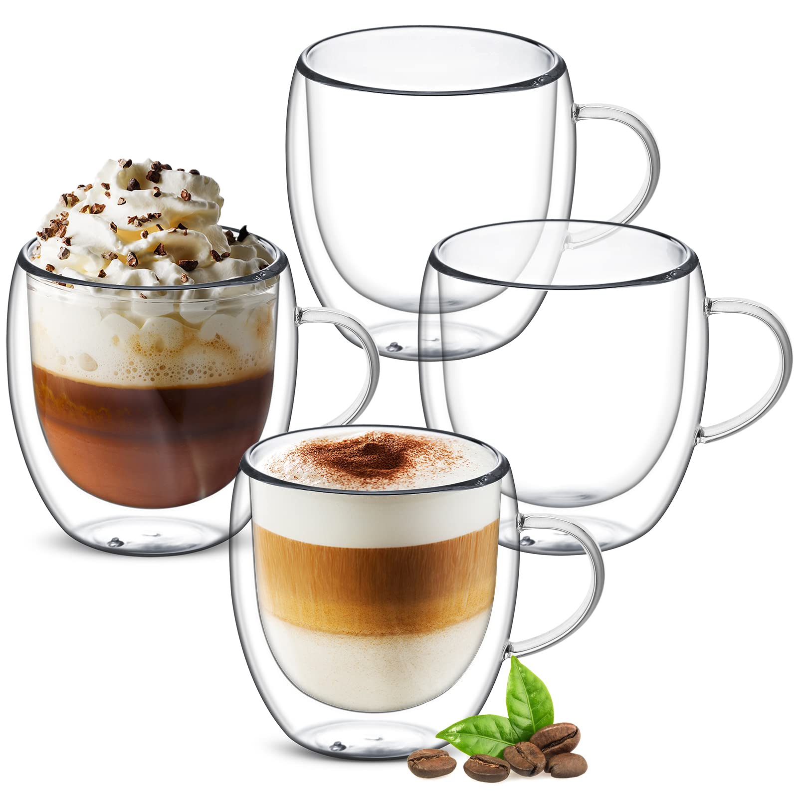 Ulrikco 250ml/8oz Double Walled Borosilicate Glass Coffee Mugs with Handle, Clear Coffee Cups Set of 4, Insulated Drinking Glass Cup for Latte, Cappuccino, Espresso, Hot/Cold Drink