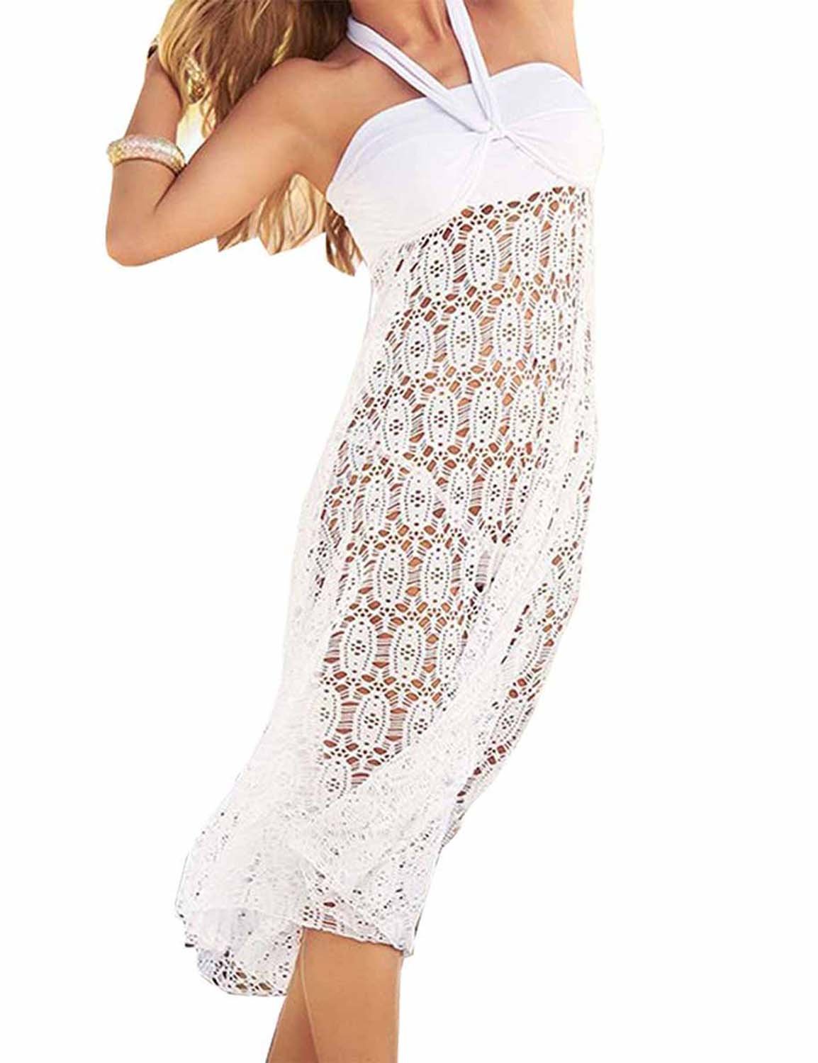 Vivilover Women\'s Lace Crochet Tunic Beach Dress Swimwear Cover Up Wrap (white)