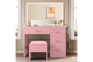 DWVO Makeup Vanity Table with 3 Light Modes, 4 Storage Drawers, Built-in Power Outlets & Hairdryer Holder, Makeup Table with Cushioned Stool