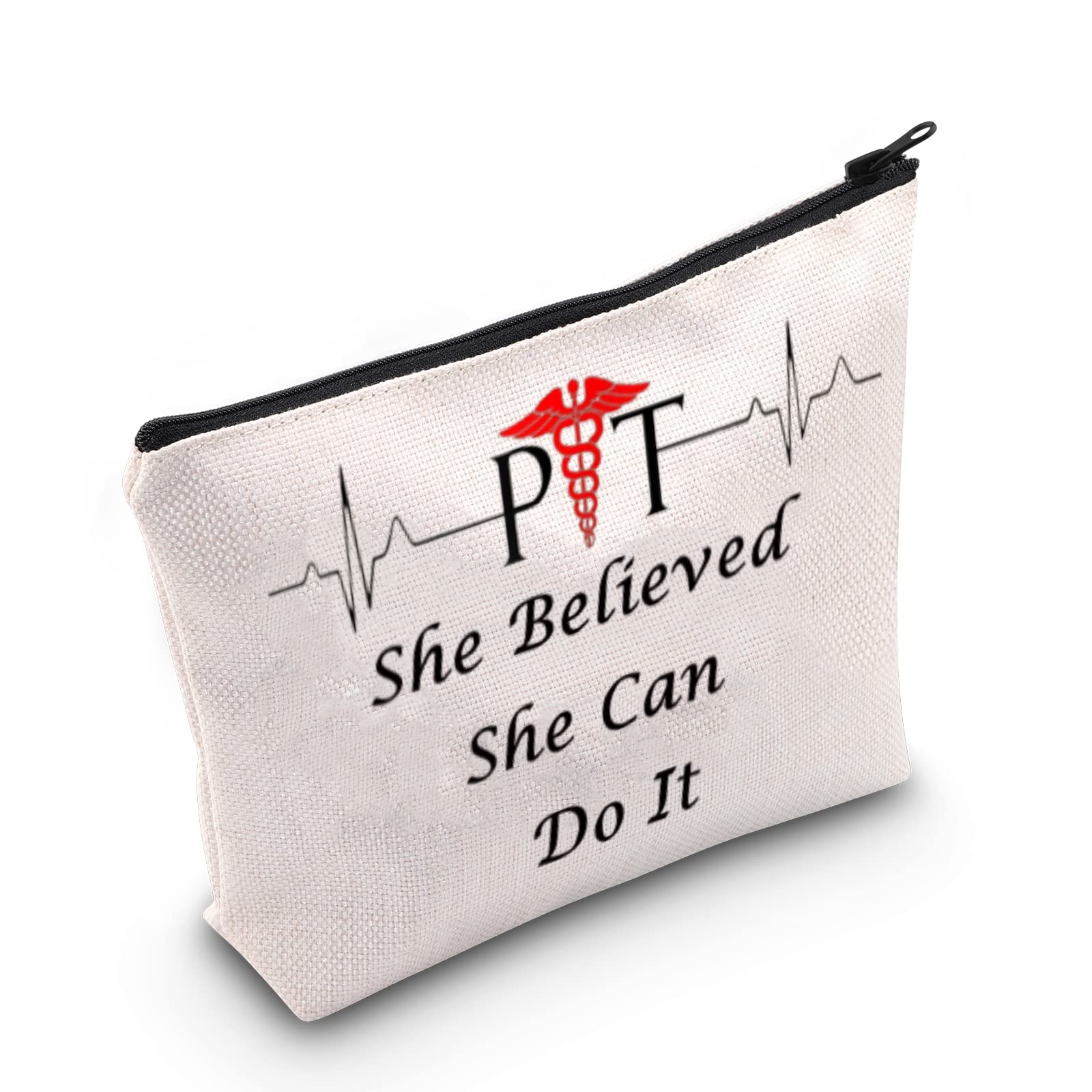 LEVLO Physical Therapist Cosmetic Make Up Bag PT Heartbeat Gift She Believed She Can Do It Makeup Zipper Pouch Bag For PT Nurse Physical Therapist Assistant (PT Bag)