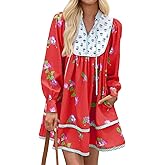 Wenrine Womens Casual Floral Mini Dress 2025 Fall Long Sleeve V Neck Patchwork Loose Boho Shirt Dresses