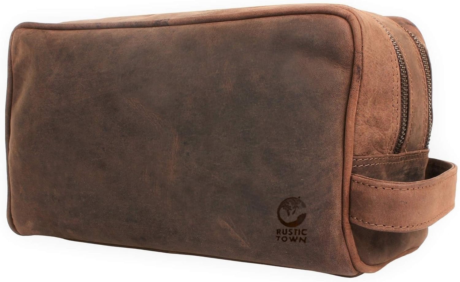 Full Grain Leather Handmade Travel Toiletry Bag - Wash Bag, Shaving Kit & Make Up Kit - Travel Gift for Men & Women by Rustic Town