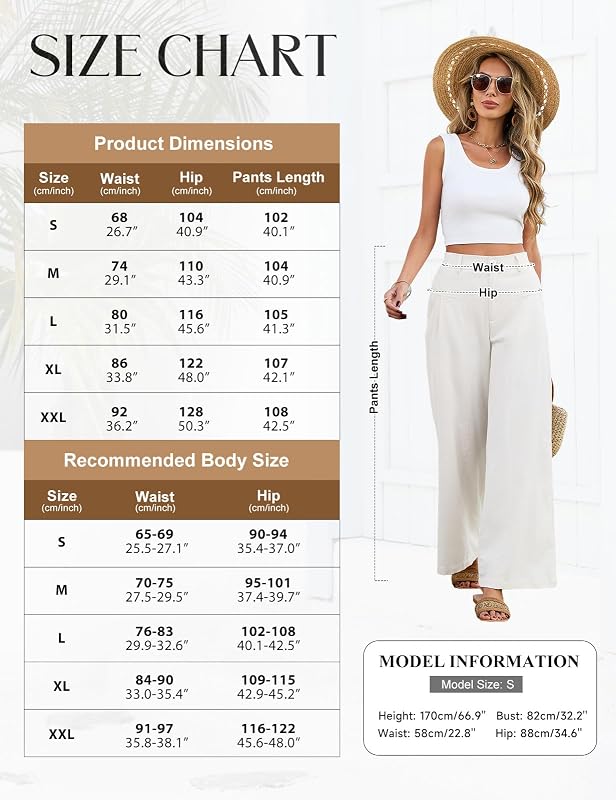 Pantalon Lin Femme Été Fluide Chic Leger Pantalons Taille Haute Élastique Pantacourt Coton Grande Longueur Palazzo Pants avec Bouton Décontractée Travail Couleur Unie avec Poches (Blanc, M)