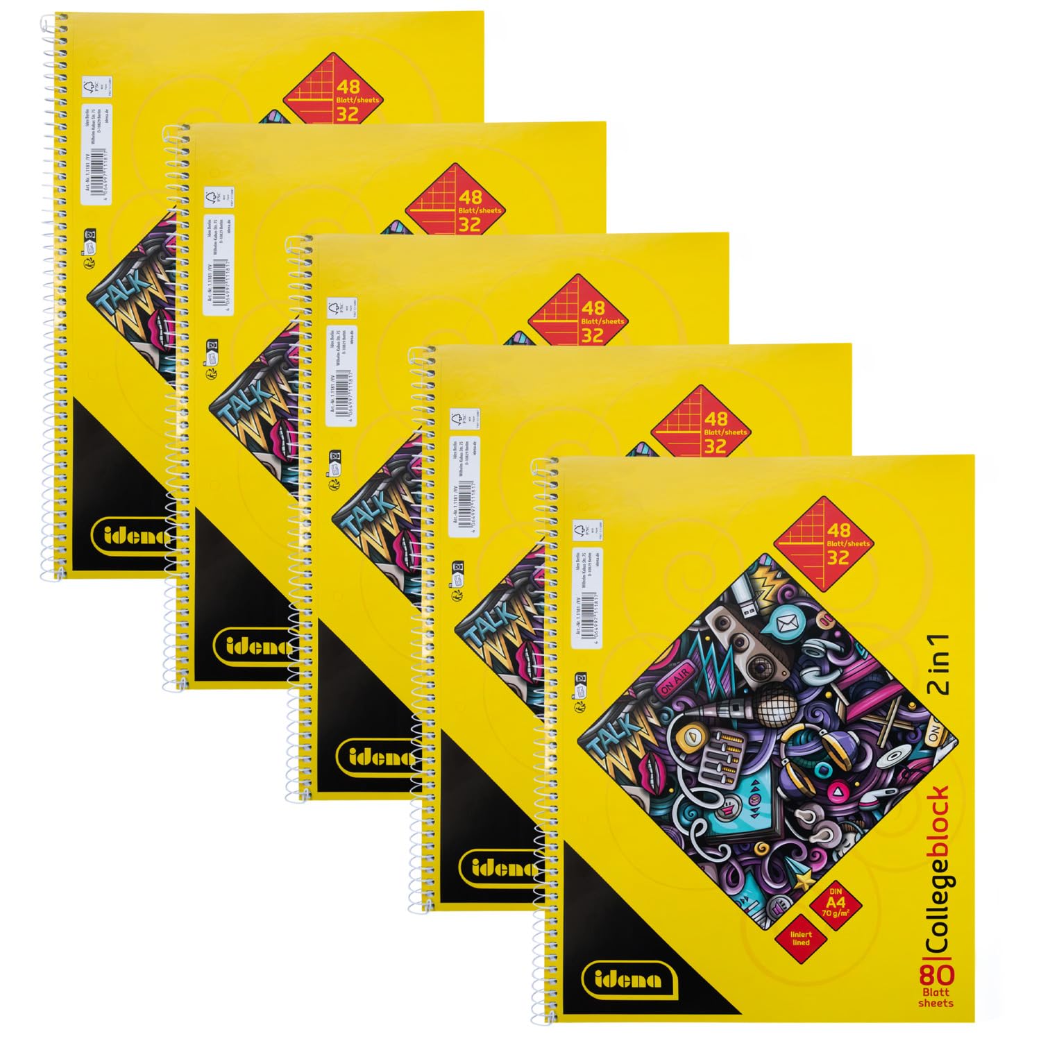 Idena 90212-5 Pieces College Notepad, 2-in-1, Each with 48 Sheets Squared and 32 Sheets Ruled in DIN A4, Notebook with Spiral Binding, 80 Sheets of 70 g/m², 4-Hole Punched and Perforated