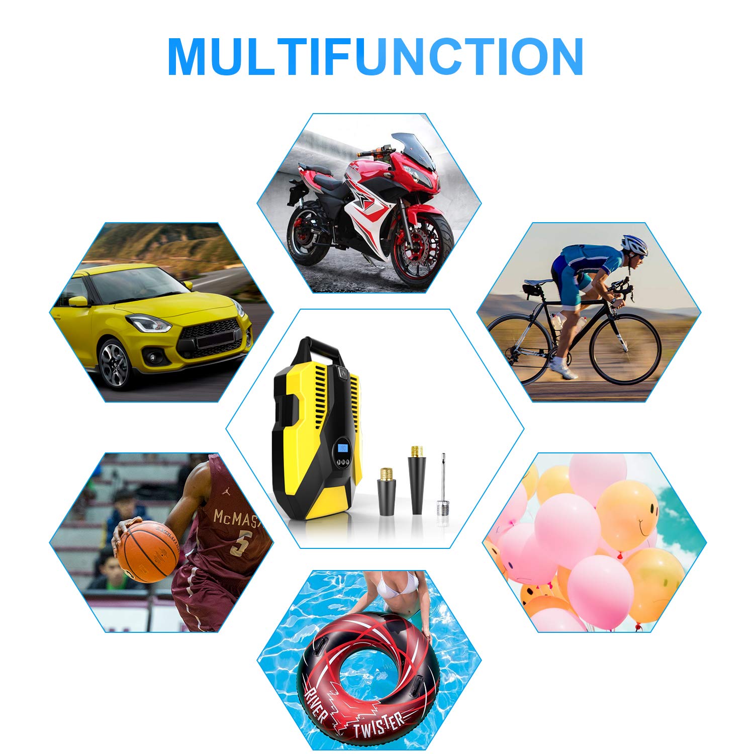 Sunvook Tyre Inflator, Air Compressor Tyre Pump 12V 120W 150PSI Digital Tyre Inflator with Larger Air Flow, 3 Nozzle Adaptors, LED Light for Car SUV Basketballs Inflatables Bicycles