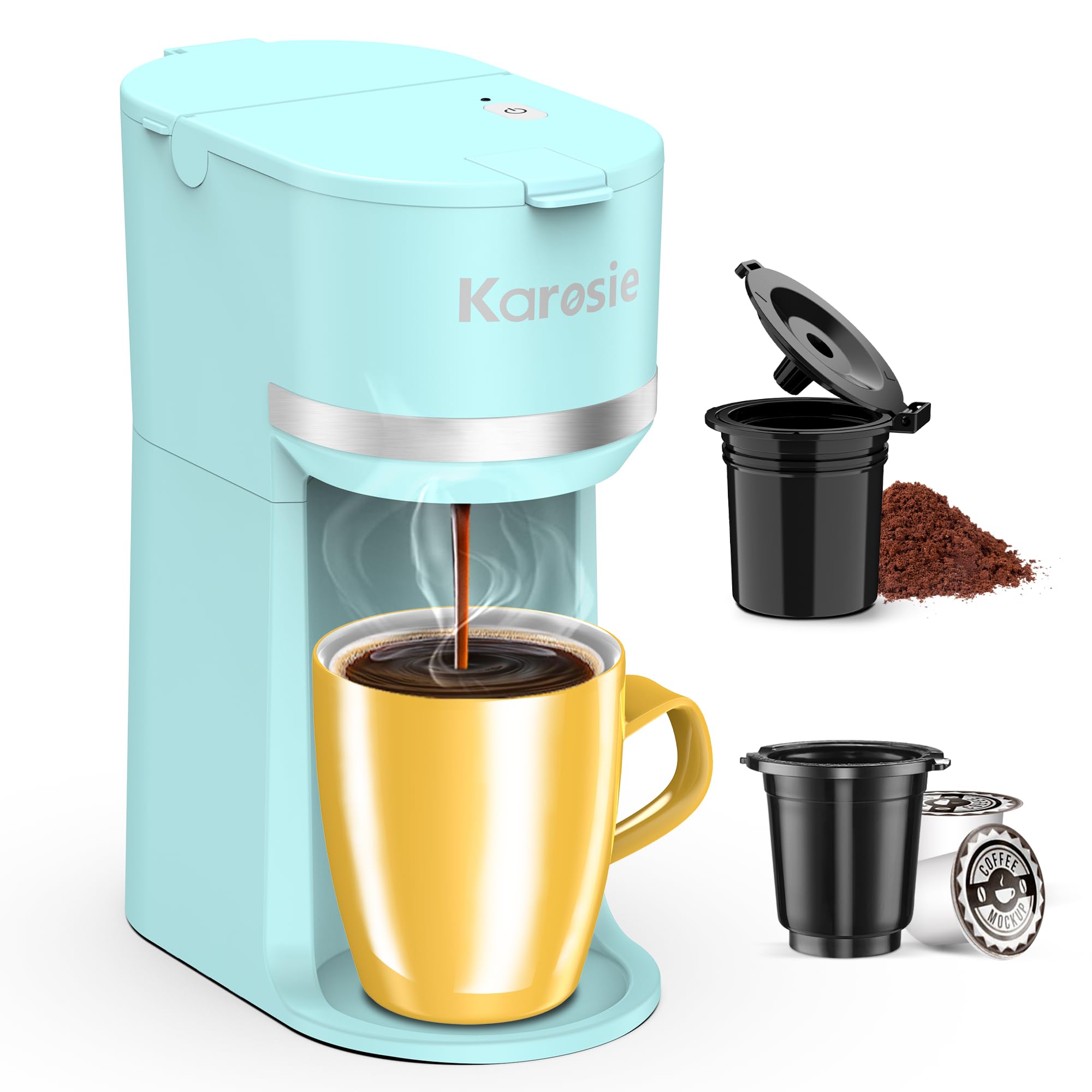 Photo 1 of Karosie Single Serve Coffee Maker for K-Cup and Ground Coffee, Fast Brew, 6-12 oz Brew Sizes One Cup Coffee Machine Fits 5.5" Mugs, One-Button Small Coffee Maker with Descaling Reminder, Light Blue