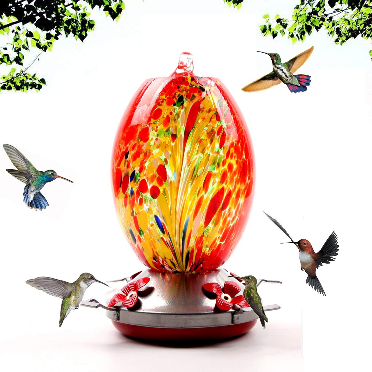 Garden Hummingbird Feeder with Perch - Hand Blown Glass - Blue - 25 Fluid Ounces Hummingbird Nectar Capacity Include Hanging Wires and Moat Hook (Red Phoenix)