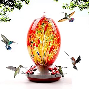 Garden Hummingbird Feeder with Perch - Hand Blown Glass - Blue - 25 Fluid Ounces Hummingbird Nectar Capacity Include Hanging Wires and Moat Hook (Red Phoenix)