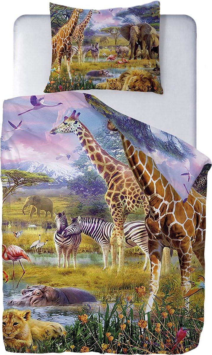 Ulticool – Duvet Cover – Safari Animals Nature Giraffe Elephant – 140 x 200 cm – Pillowcase 60 x 70 cm – for 1 Person Room – for Children Boys Girls Toddlers – Colour Green Beige
