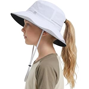 GADIEMKENSD Kids' Ponytail Bucket Hat, UPF50+, Black Coated Under-Brim, Cooling Sweatband, Breathable, Suit for Outdoor