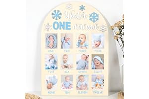 NAOZINEBI My First Year Photo Frame Board First Year Picture Frame 12 Months Milestone Board Photo Display Wood Board One Year Winter Snowflake Nursery Decorations Gift for 1st Birthday Baby Boy Keepsake Gift