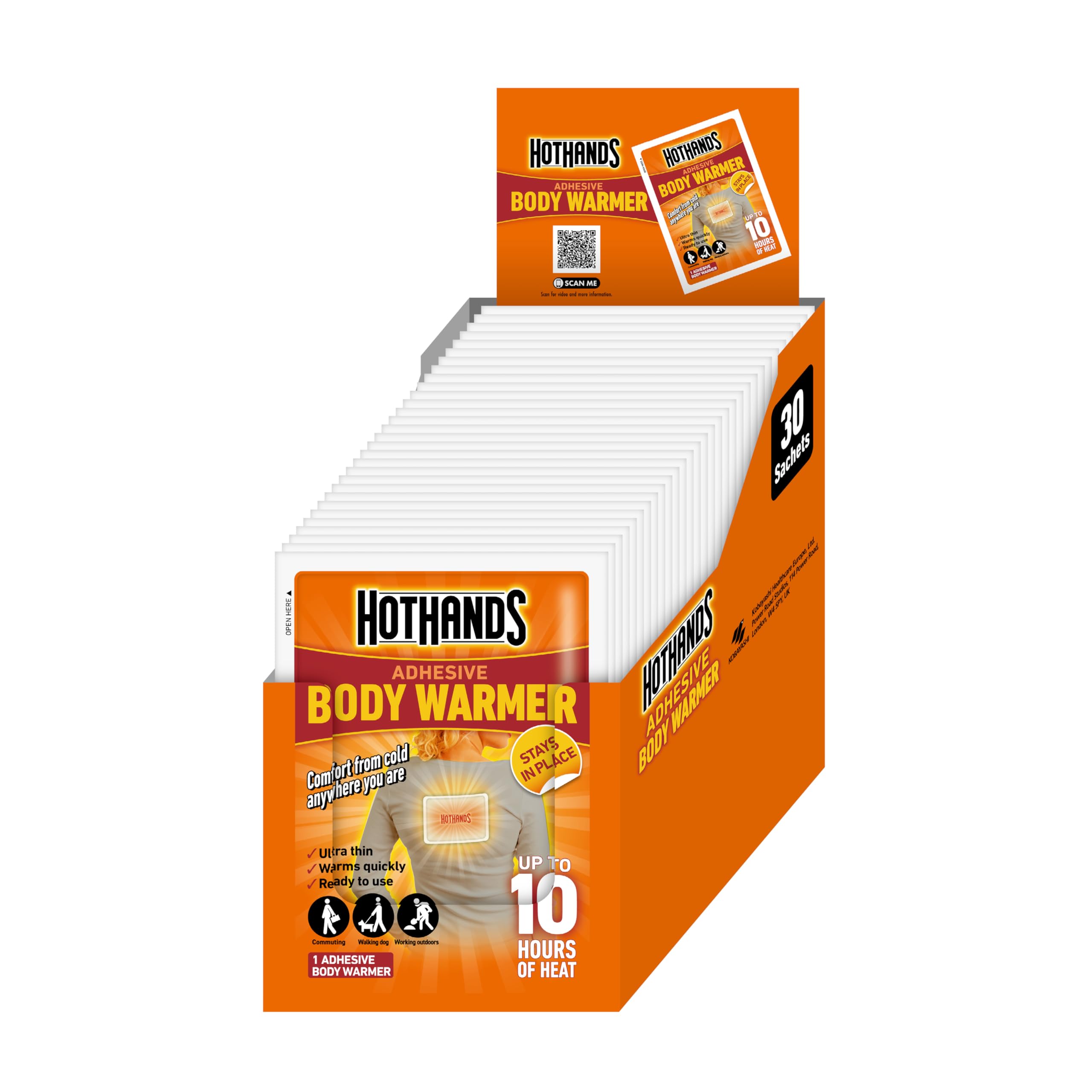 HotHands Adhesive Body Warmers - 30 packs - Air activated - Ready to use, Orange