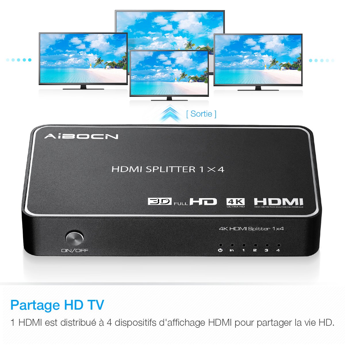 EBL HDMI Splitter Répartiteur Commutateur 4 Ports (Supporte 3D 4K, 2K, PC, Macbook, Notebook, Lecteur Blu-ray, TV HD, DVD HD, Moniteur, Projecteur, Audio) - Noir