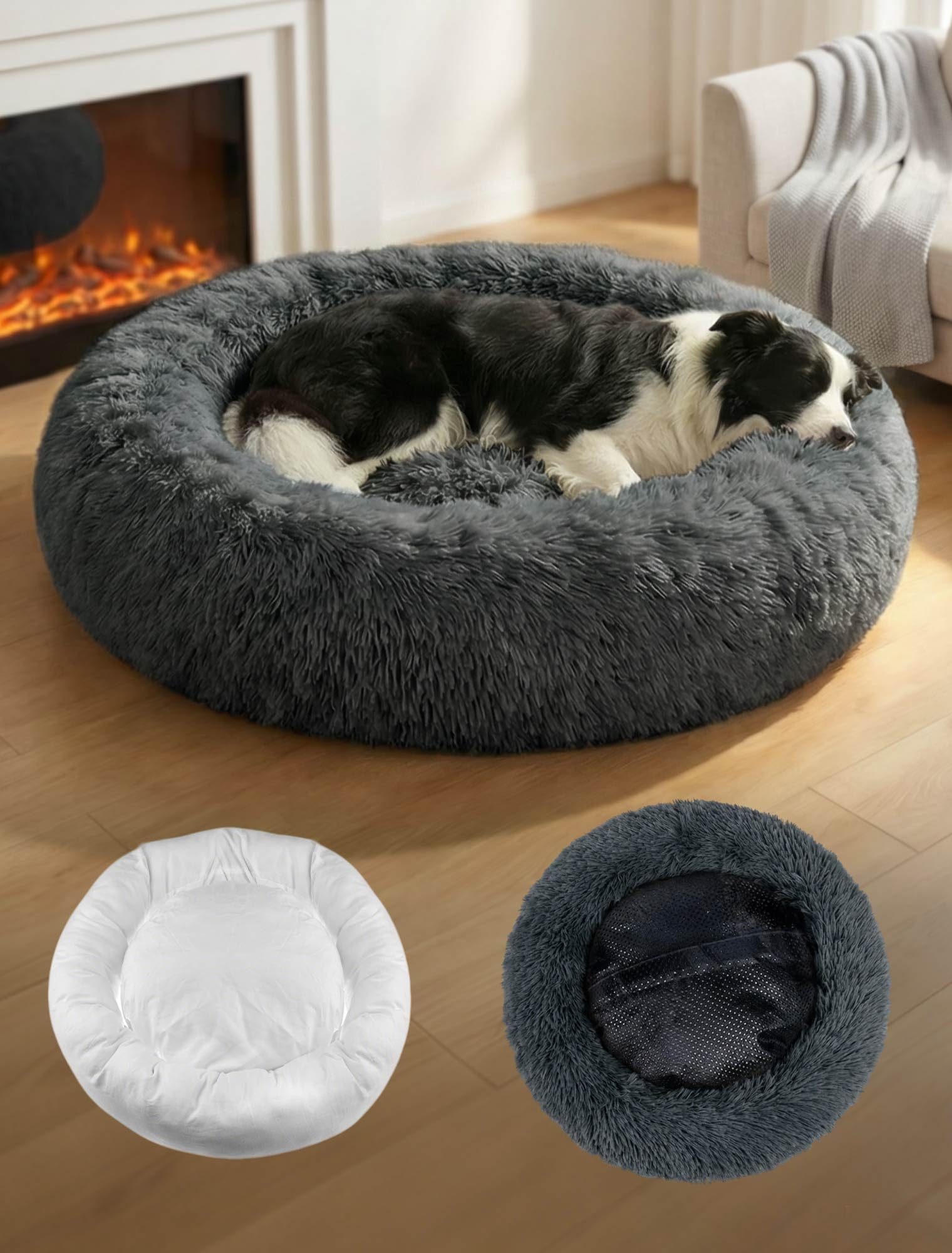 OKPOW Donut Dog Bed Large Washable - 70cm Dog Bed with Removable Cover Anti Anxiety Calming Cosy Fluffy Plush Puppy Kitten Round Super Soft Snuggle Pet Cat Beds for Indoor Cats Grey