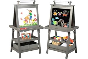 Kinder King 3 in 1 Kids Art Easel w/Storage, Double-Sided Magnetic Whiteboard & Chalkboard, Dry-Erase Board w/Paper Roller, Toddler Children Standing Easel for Painting & Drawing, Accessories(Grey)