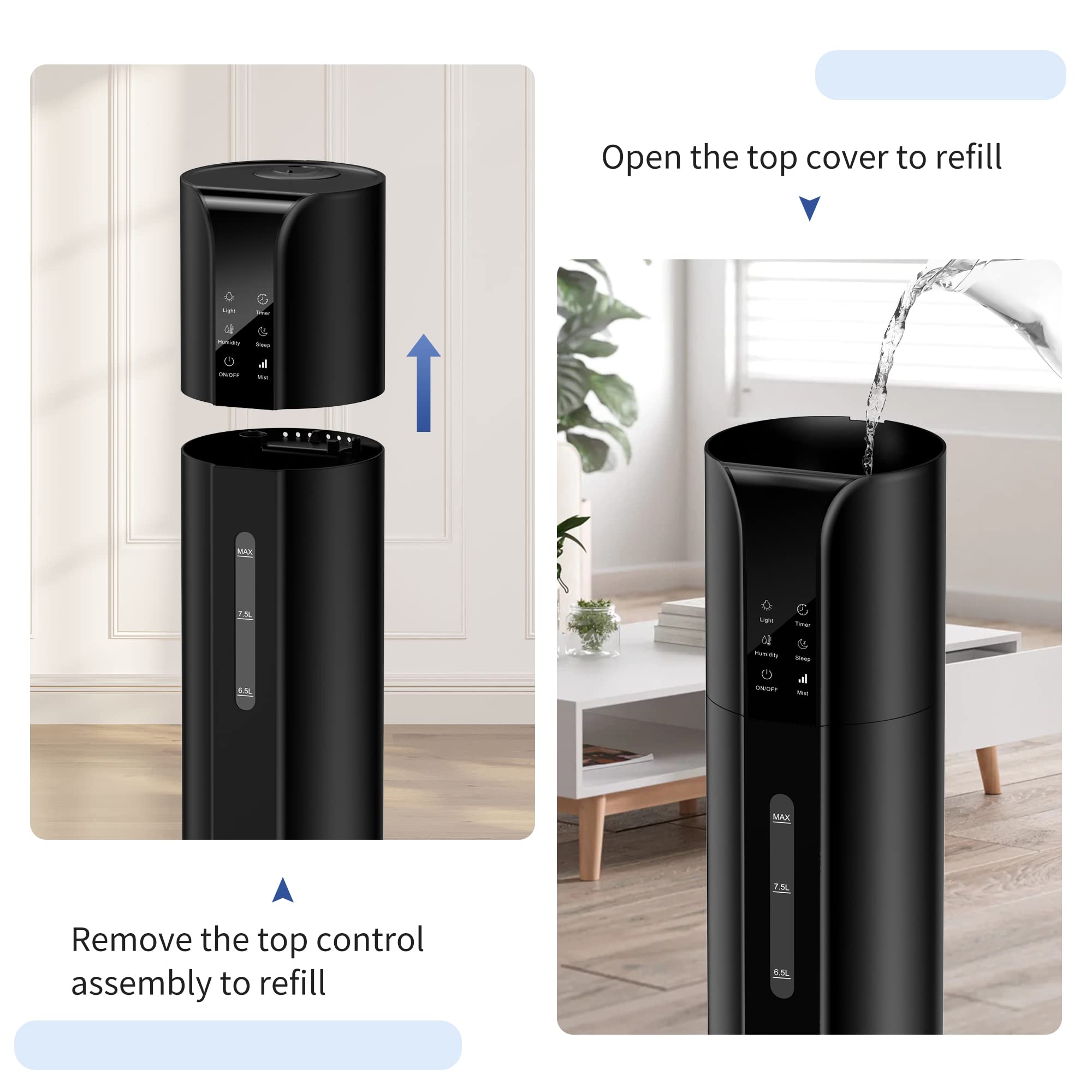 Humidifiers for Bedroom Large Room, 9L/2.4Gal Cool Mist Top Fill Humidifier with Essential Oil Remote Control 360°Nozzle for Home Baby Office Plants Bedroom (Black)