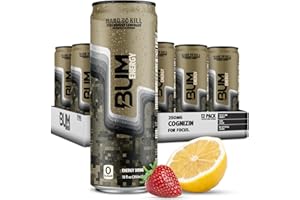 BUM ENERGY BUM Sugar-Free Energy Drink, Strawberry Lemonade - Lightly Carbonated & No Artificial Colors, Natural Caffeine & Citicoline for Energy, Focus, Brain Boost & Workout Sports Beverage - 12 oz, Pack of 12