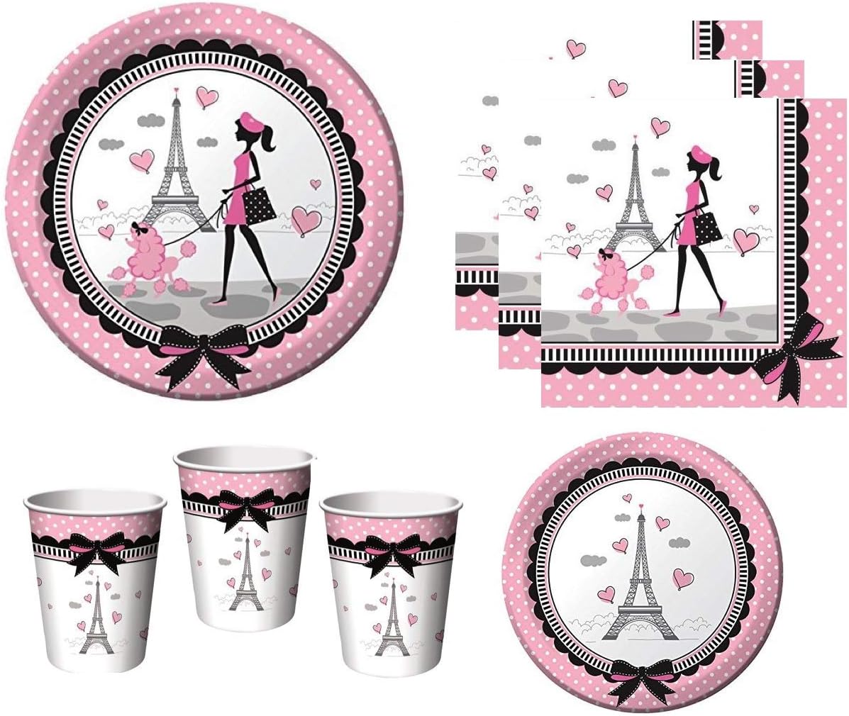 Party in Paris Tableware Supplies For Birthday French Themed Occasion Includes Plates Napkins Cups (Serves 16)
