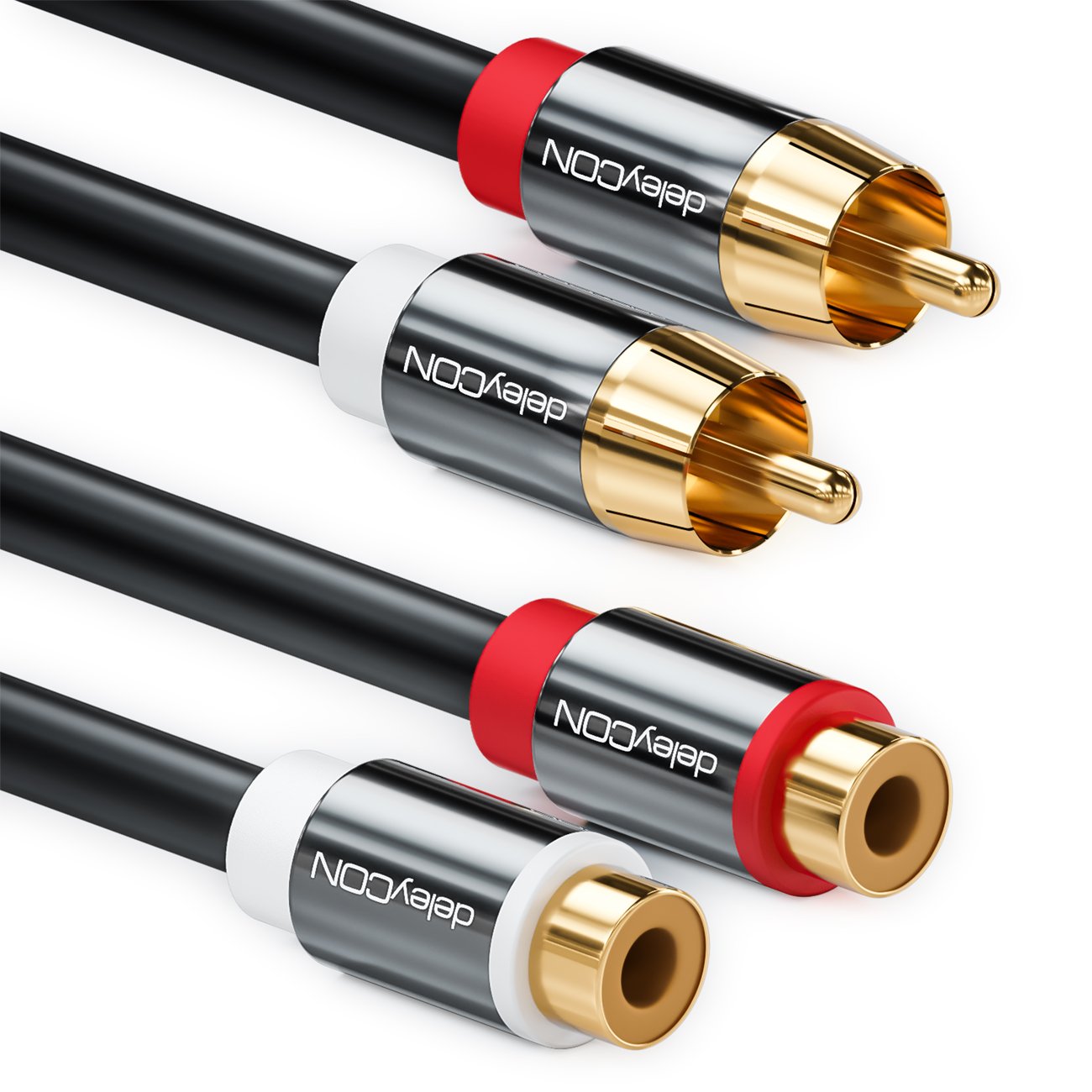 deleyCON 15 Cinch Extension Cinch RCA Extension Cable Stereo Audio Cable 2x Cinch Plugs 2x Cinch Jacks Gold-Plated Metal Plugs - Black