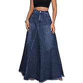 ebossy Women's Retro Distressed High Waist Frayed Hem A Line Wash Maxi Long Denim Skirt with Pockets