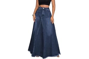 ebossy Women's Retro Distressed High Waist Frayed Hem A Line Wash Maxi Long Denim Skirt with Pockets
