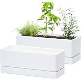 D'vine Dev 2-Pack Rectangular Planters, 12 x 4.5 in, White, 76-X-A-2 | Minimalist Design, Large Planting Capacity, Drainage Holes &amp; Saucer, Thick-Walled Durable Build, Ideal for Windowsills