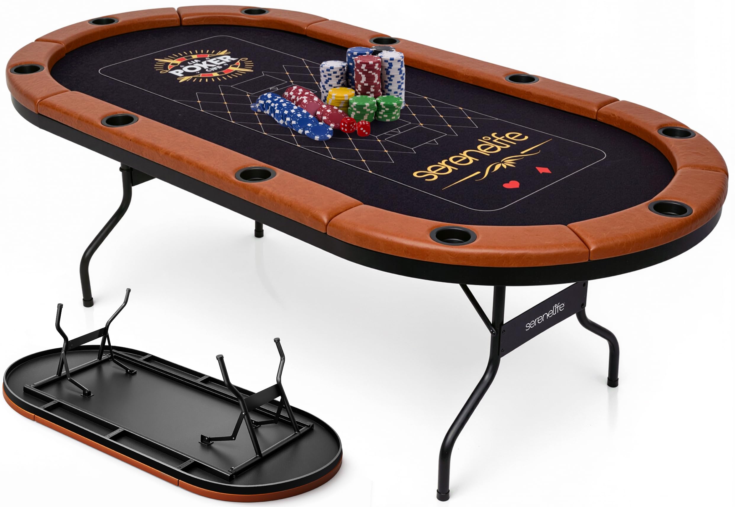Photo 1 of SereneLife 7ft Poker Table for 10 Players - Heavy Duty Oval Texas Hold'em Casino Table for Game Room, 25mm Reinforced Metal Legs, Durable Black PVC Rail, 10 Deep Cup Holders & Professional Layout