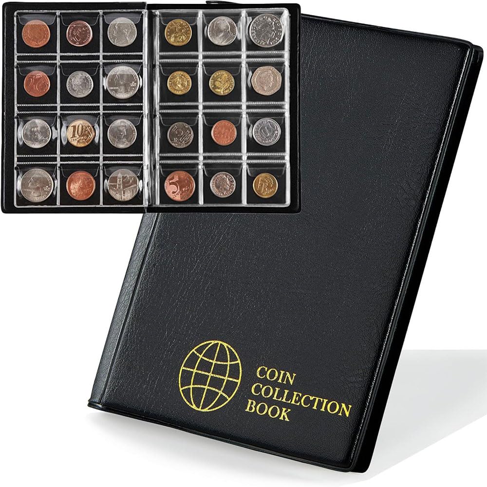Coin Album Money Pocket 120 Card Pocket Size 3x3cm Coin Holder Collection Ancient Coin Medal Currency Storage (Black)