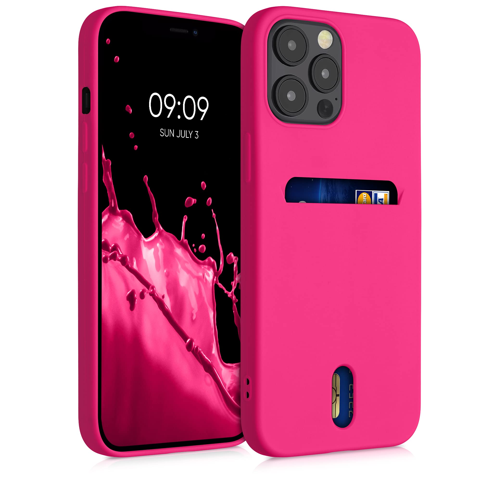 kwmobile Case Compatible with Apple iPhone 12 / iPhone 12 Pro - Soft TPU Phone Cover with Card Holder and Silicone Finish - Neon Pink
