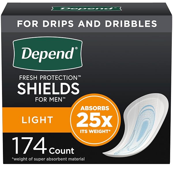DEPEND INCONTINENCE/BLADDER CONTROL SHIELDS, PADS FOR MEN, LIGHT ABSORBENCY, 174 COUNT (3 PACKS OF 58) (PACKAGING MAY VARY)