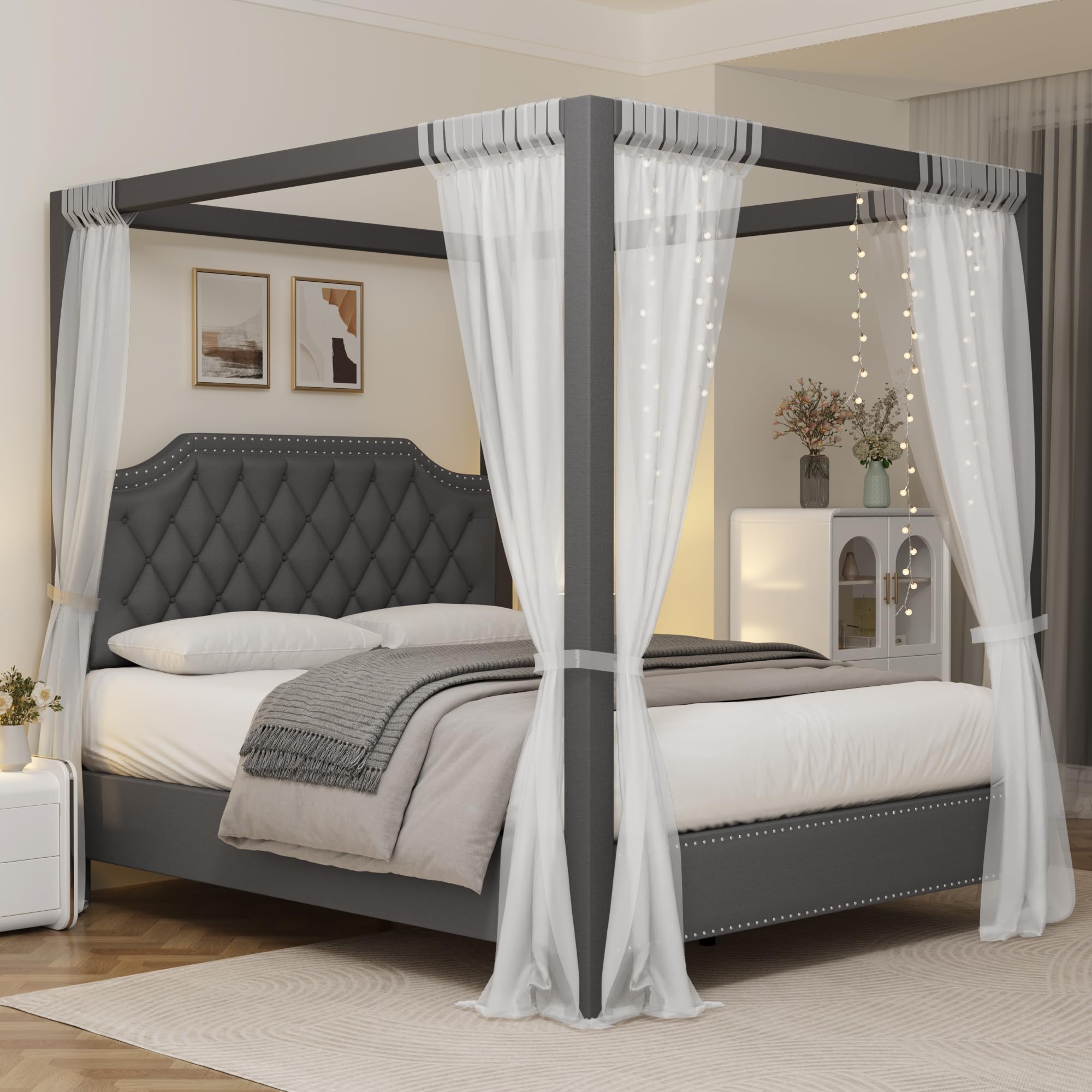 Photo 1 of ***BOX A ONLY, PARTIAL SET ***IDEALHOUSE Queen Size Canopy Bed Frame with Nailhead Decoration Headboard?Upholstered Bed Frame with Poles 4 Corner Bed Bracket,Solid Wood Slats Support,No Box Spring Needed,Noise Free,Gray