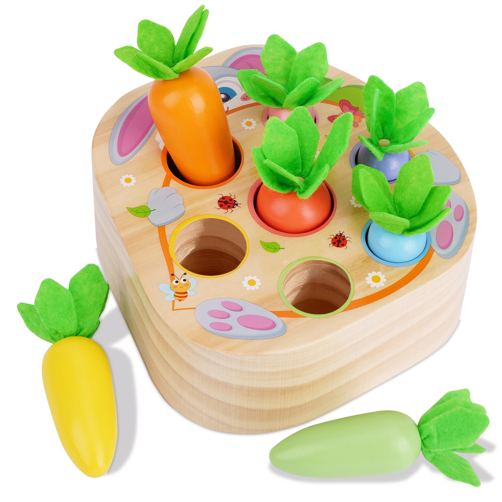 KMTJT Montessori Toys for 1 2 3 Year Old Toddlers, Rabbit Carrot Harvest Game Wooden Toys for 12-18 Months Baby Boys and Girls, Shape Sorting Matching 1st Birthday Easter Gifts for Babies 1-3 (Macron)